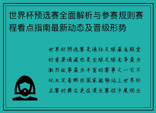 世界杯预选赛全面解析与参赛规则赛程看点指南最新动态及晋级形势