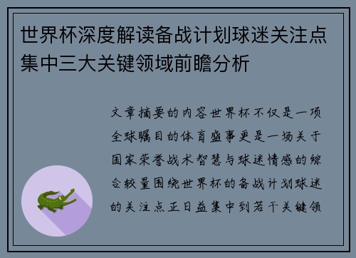 世界杯深度解读备战计划球迷关注点集中三大关键领域前瞻分析